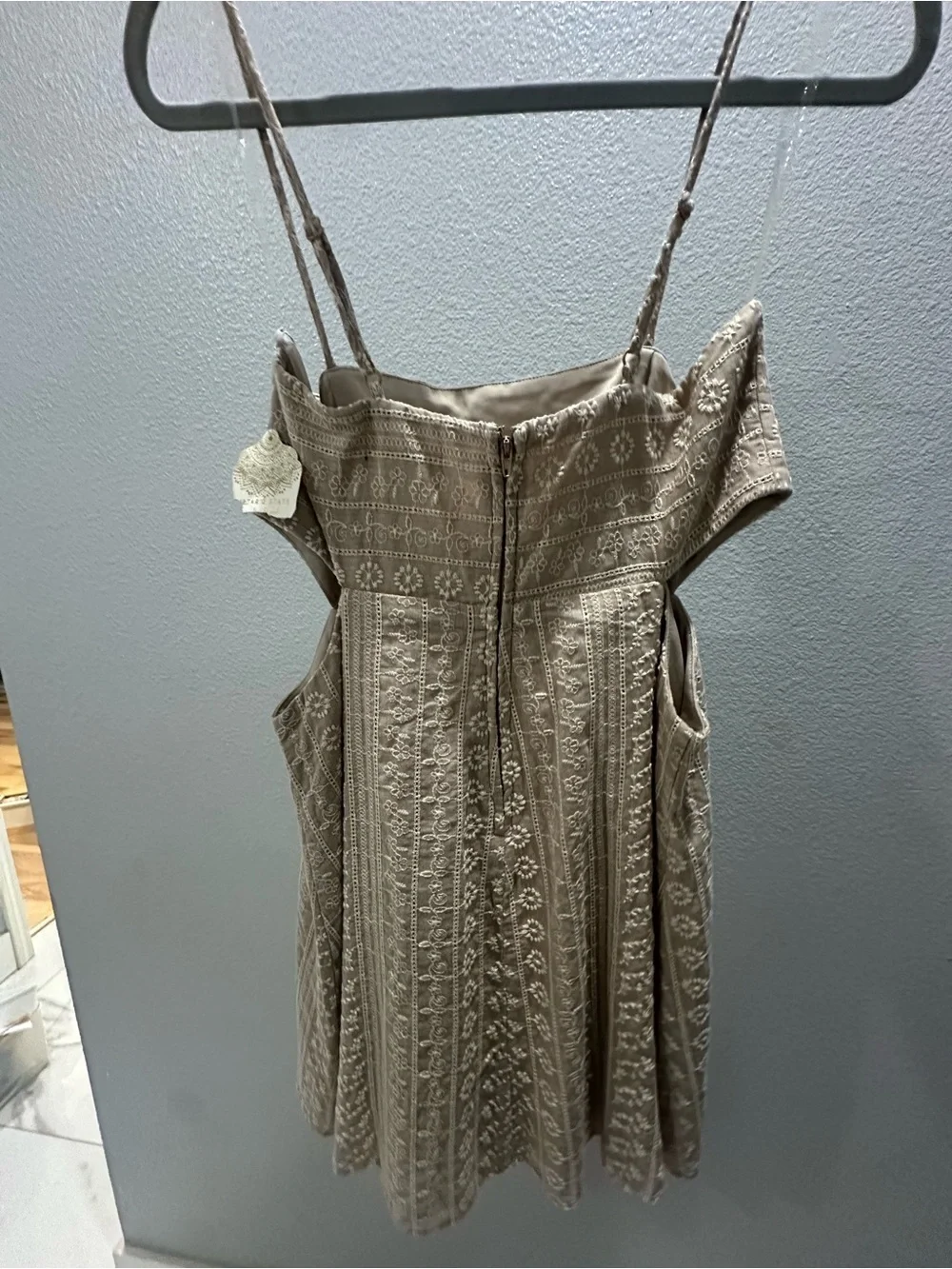 NWT. Medium Juniors, Altar'd State Taupe embroidered cutout Mini Dress - Picture 5 of 9
